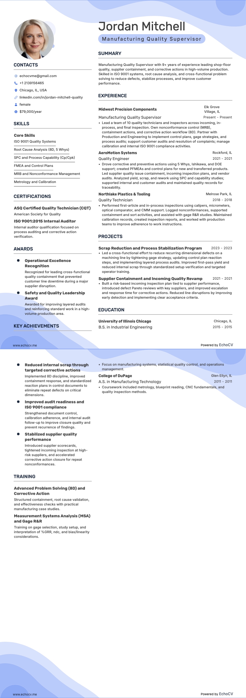 Manufacturing Quality Supervisor example resume