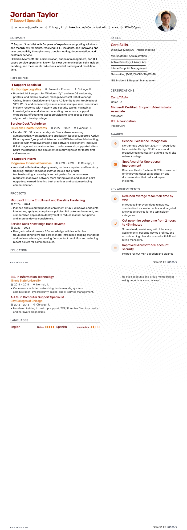 ITサポートスペシャリスト example resume