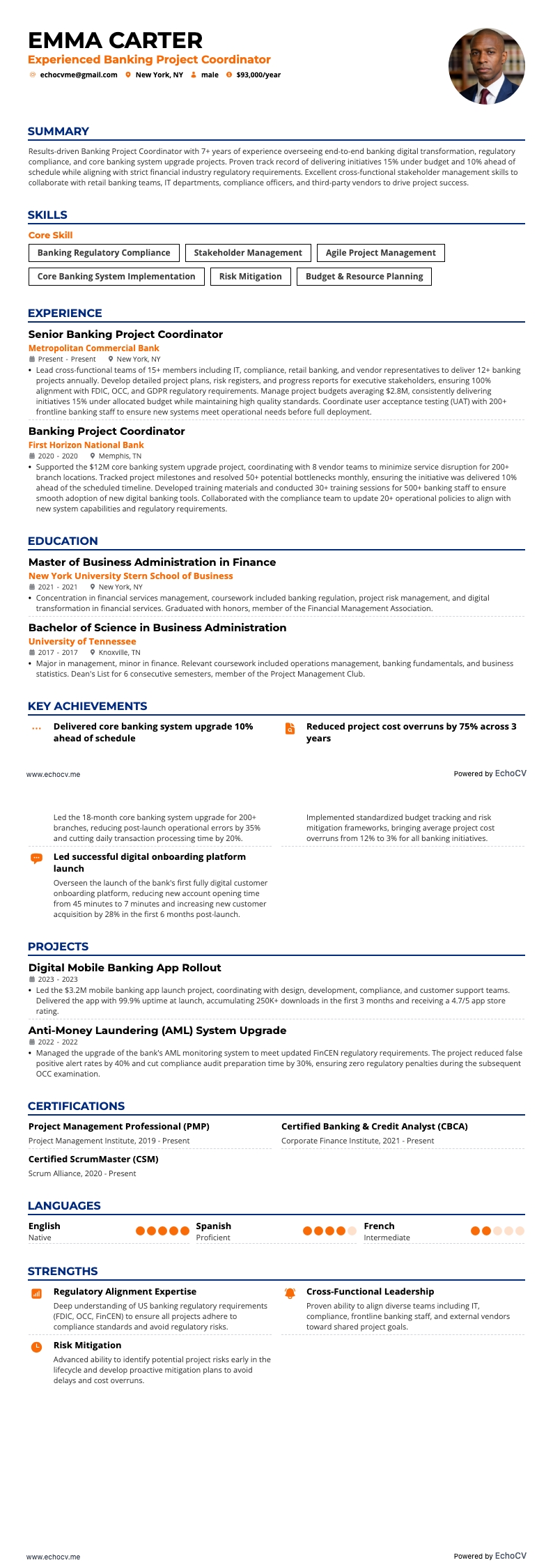 Experienced Banking Project Coordinator example resume