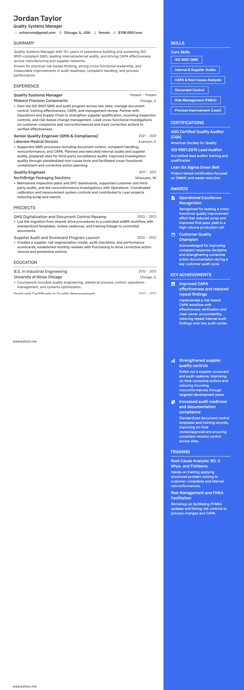 Quality Systems Manager example resume