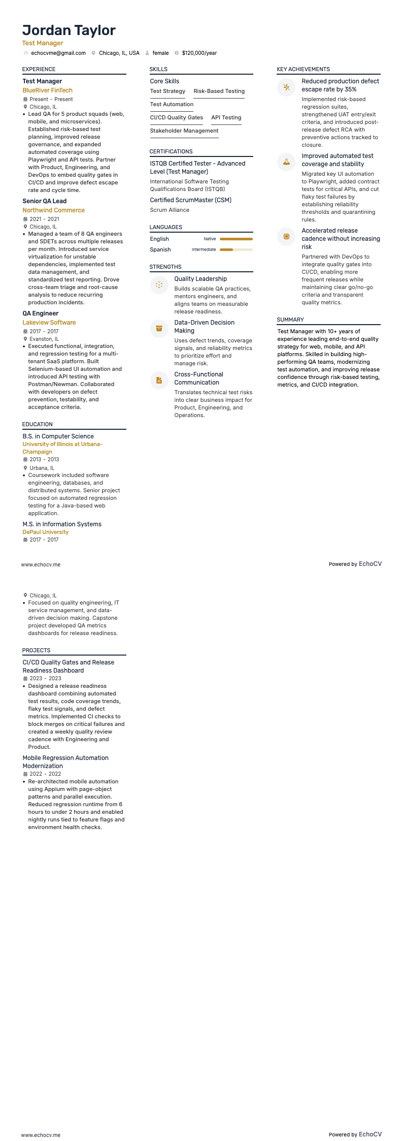 테스트 매니저 example resume