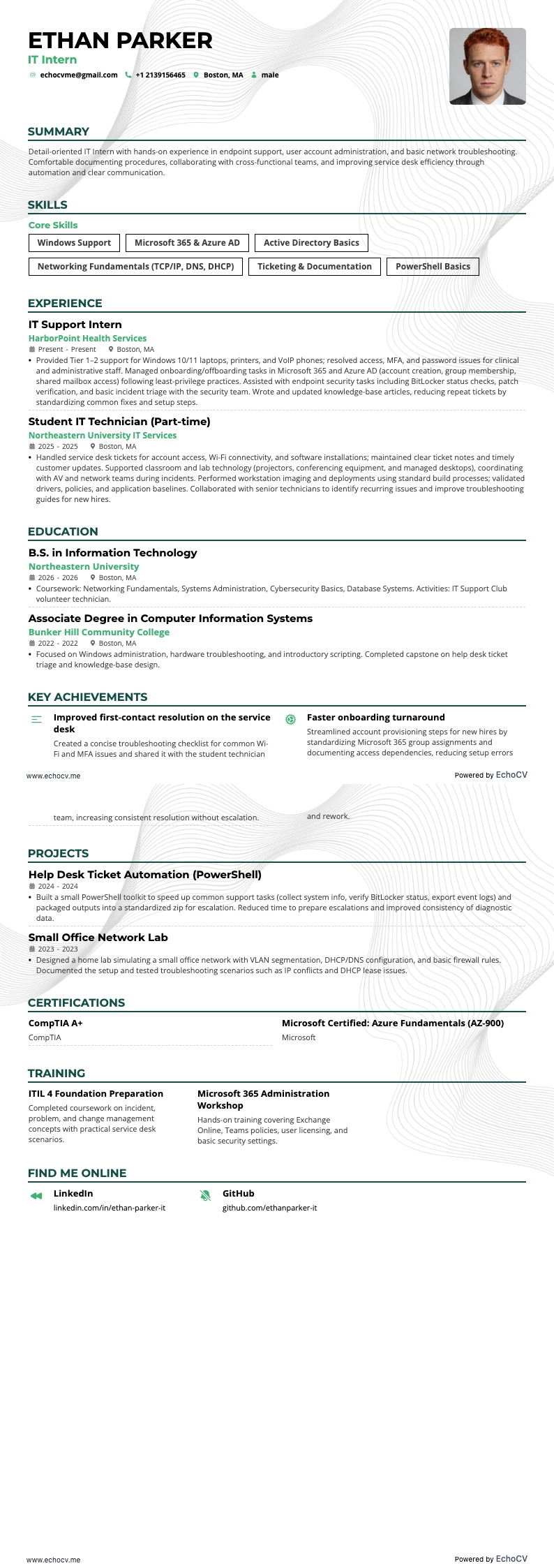 ITインターン example resume