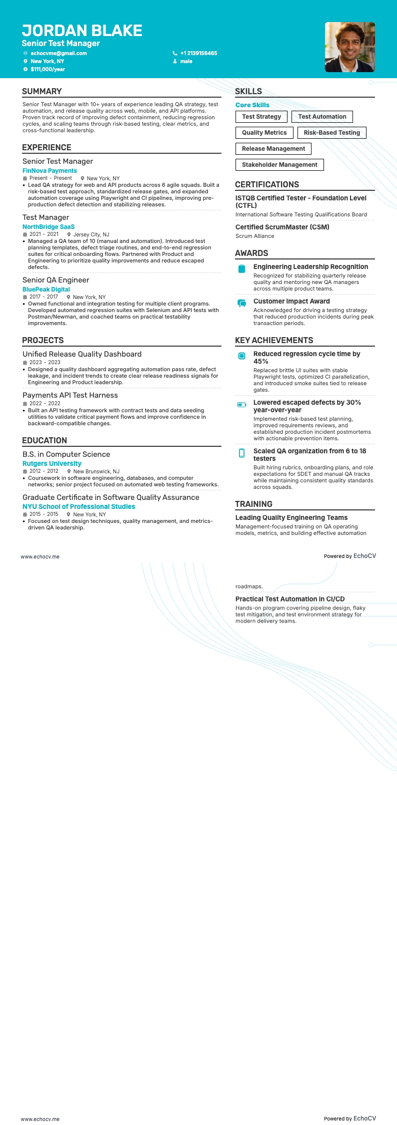 Responsabile dei test resume example