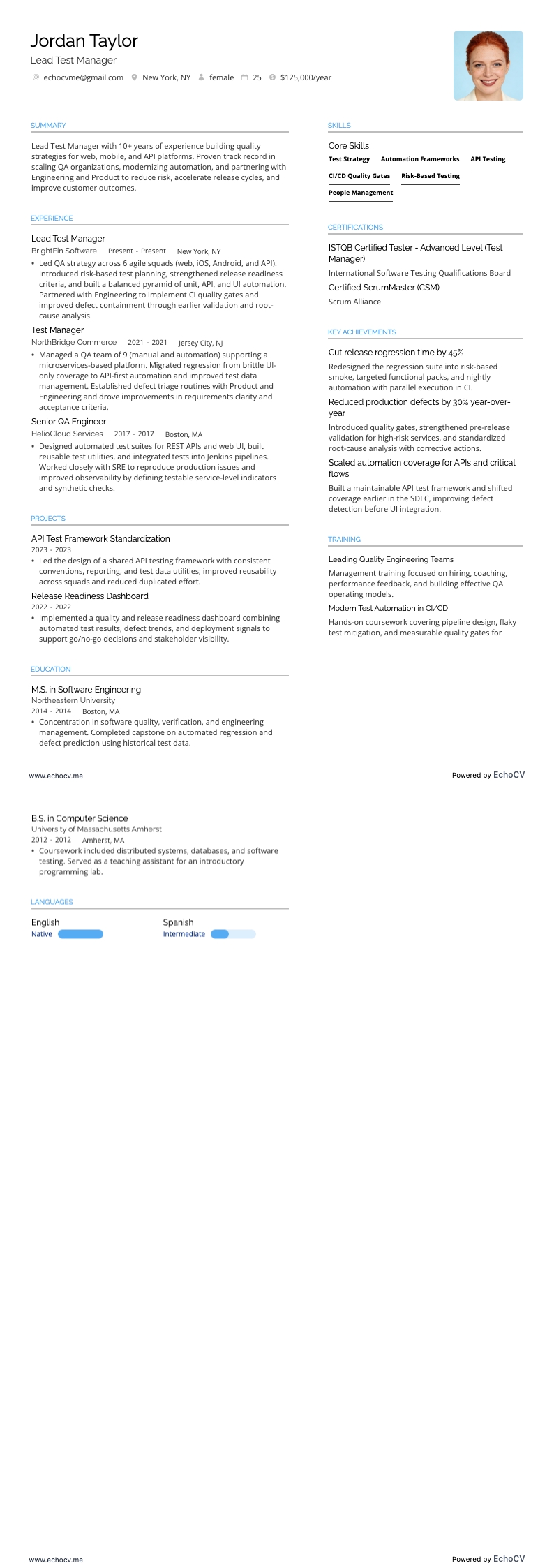 테스트 매니저 resume example