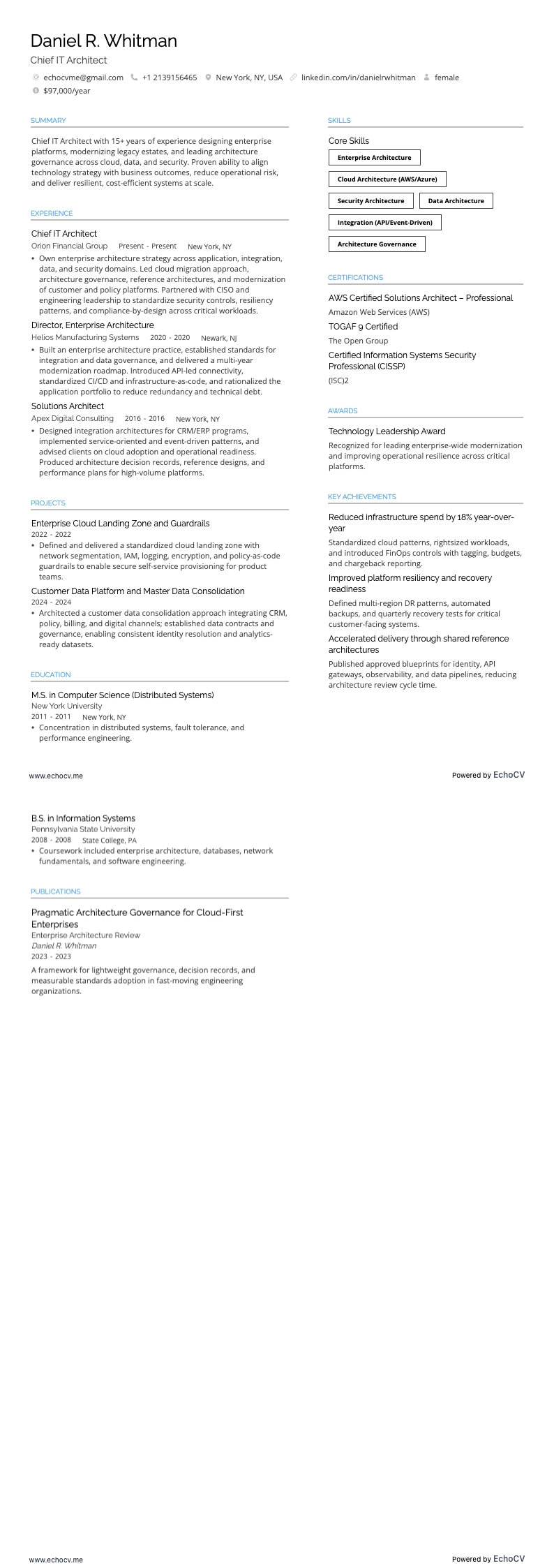 主任ITアーキテクト example resume