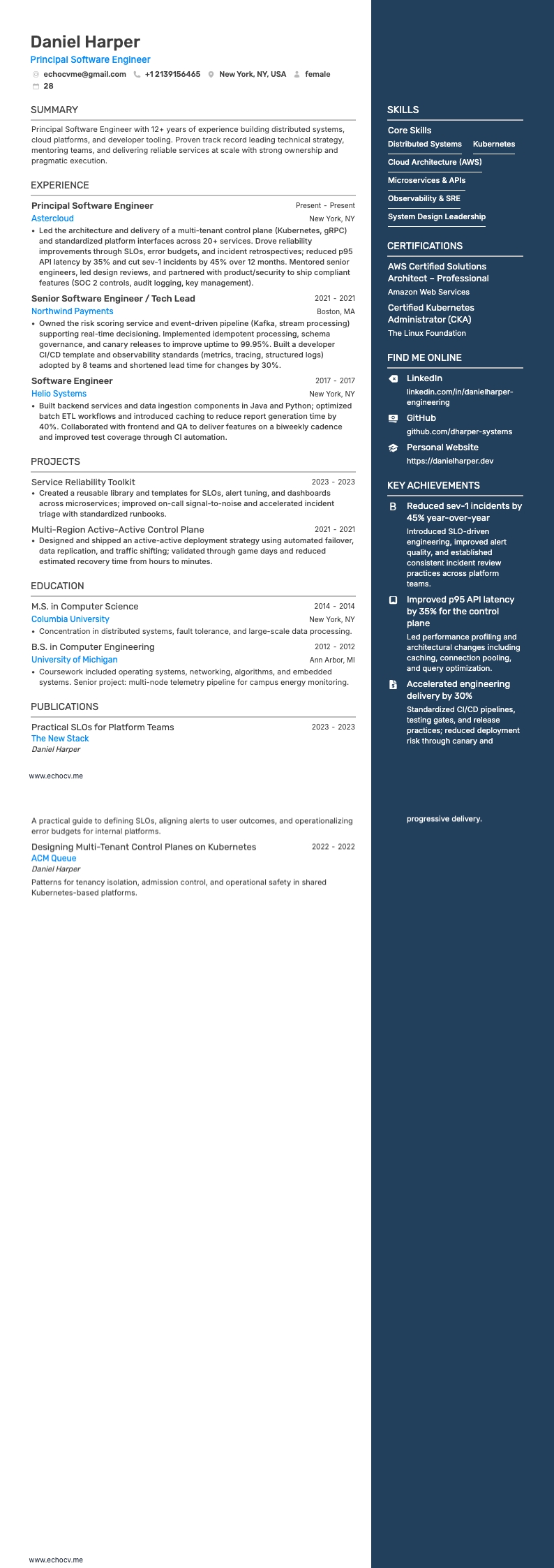 プリンシパルソフトウェアエンジニア example resume