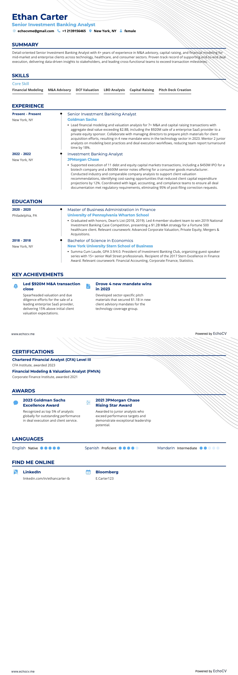 Senior Investment Banking Analyst example resume