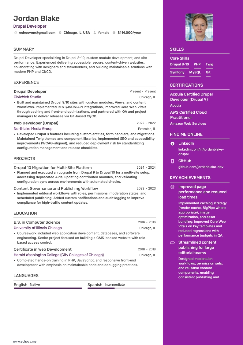 Drupal Developer example resume