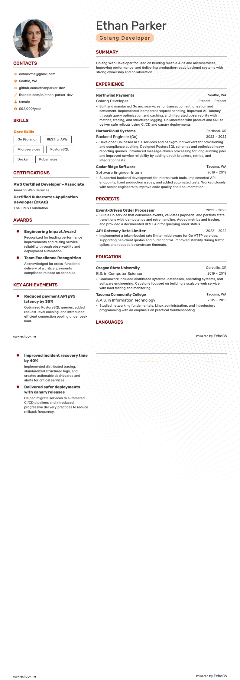 Golang Developer example resume