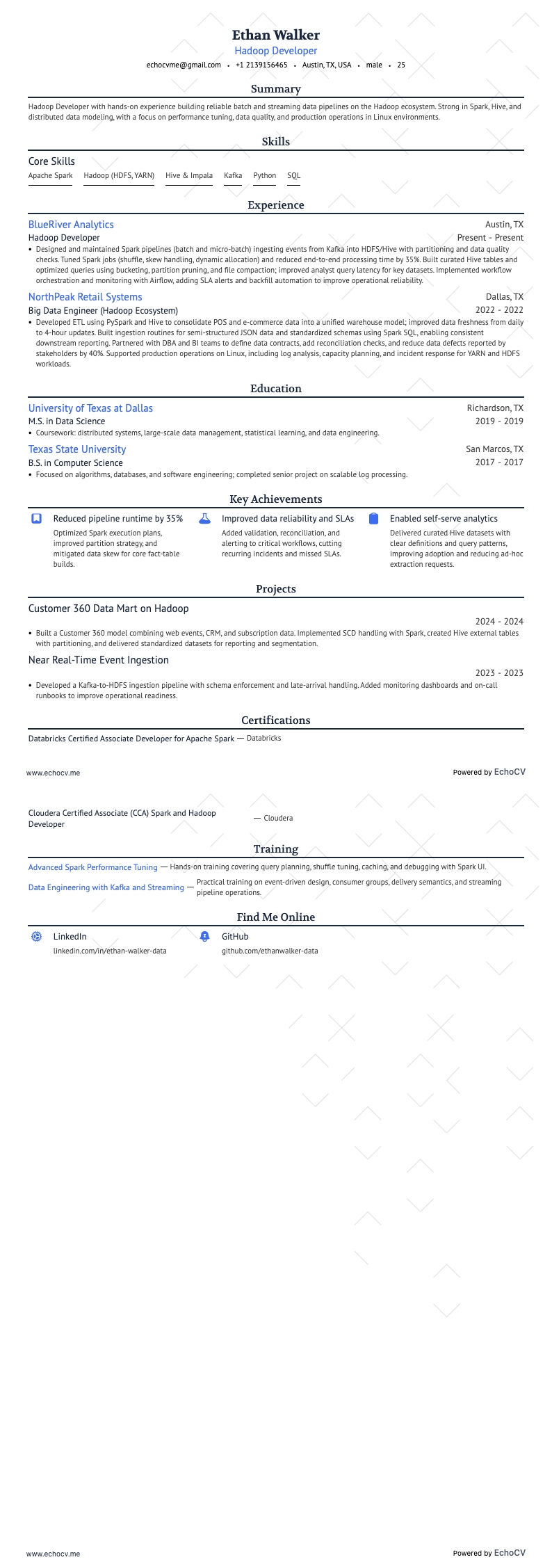 Hadoop Developer example resume
