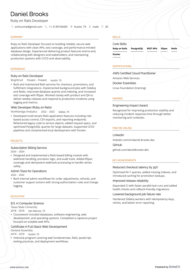 Ruby On Rails Developer example resume