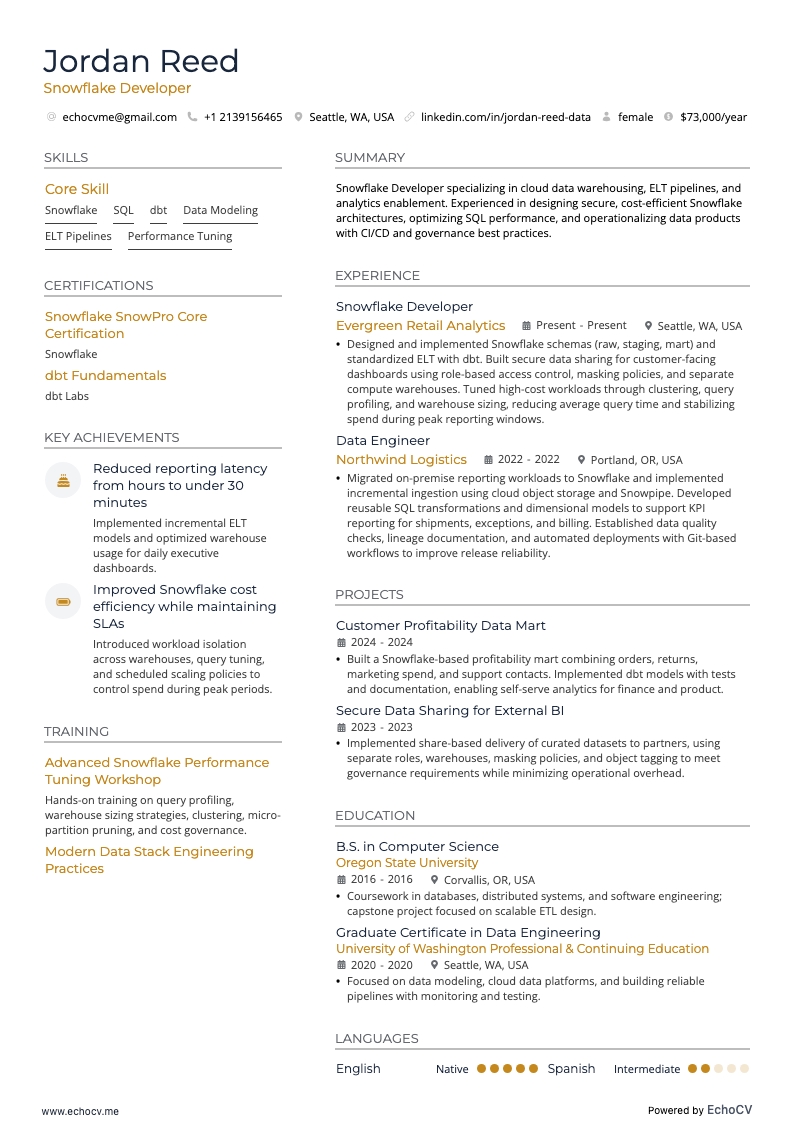 Snowflake Developer example resume