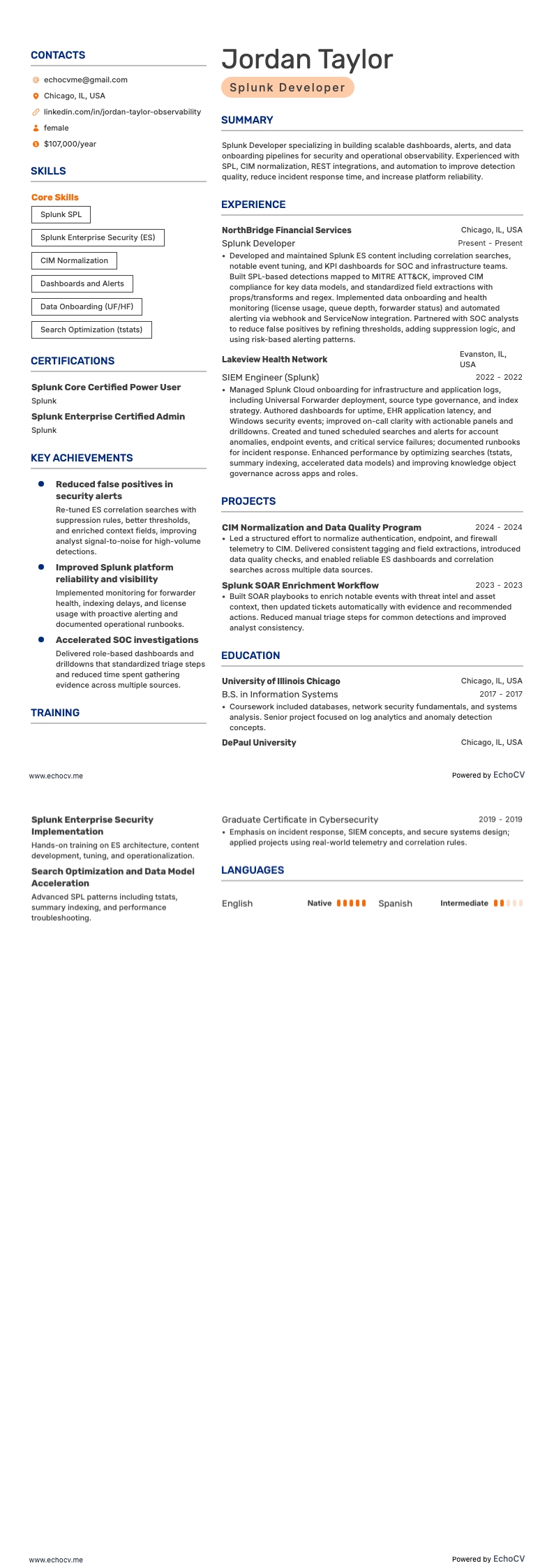 Splunk Developer example resume