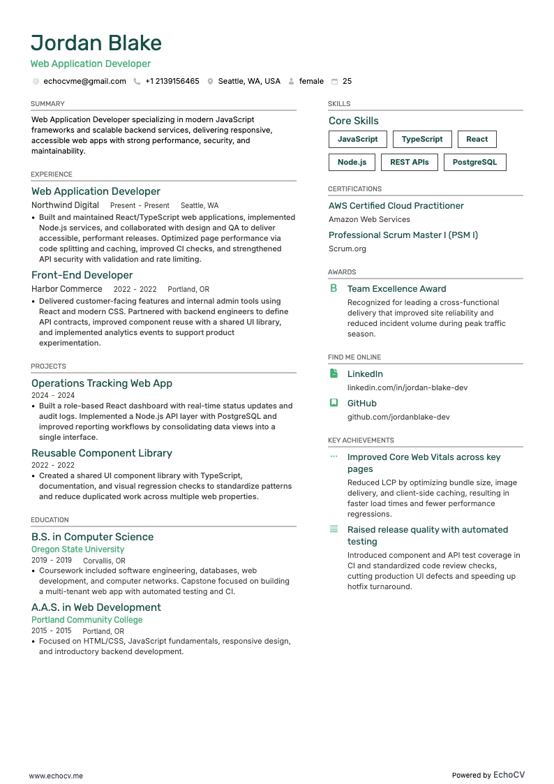 Webbutvecklare resume example