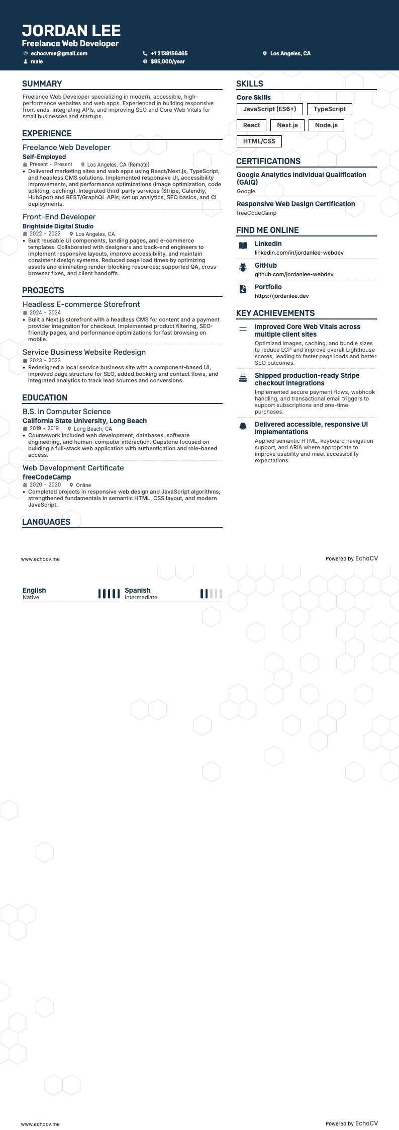 Freelance Web Developer example resume