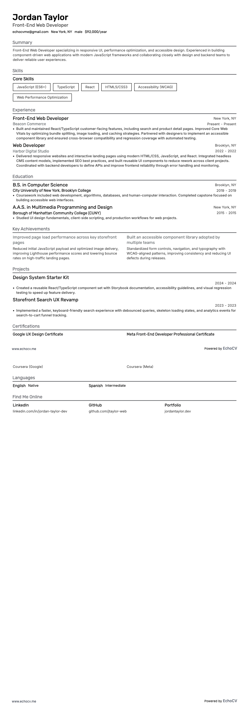 Front-End Web Developer example resume