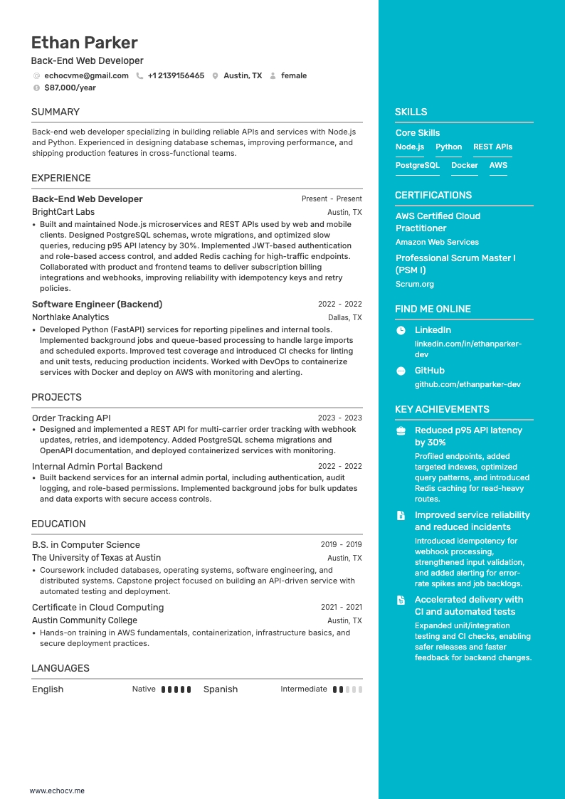 Back-End Web Developer example resume