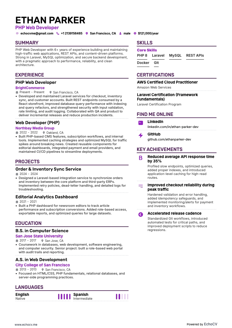 PHP Web Developer example resume