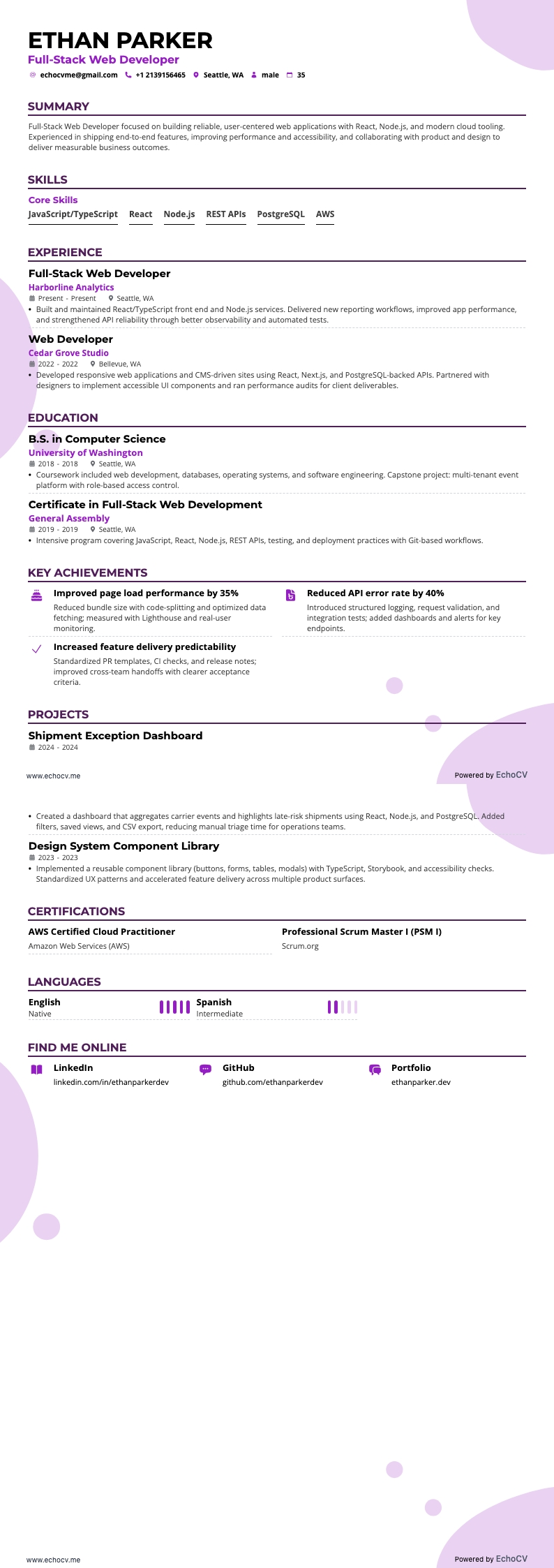 Full-Stack Web Developer example resume