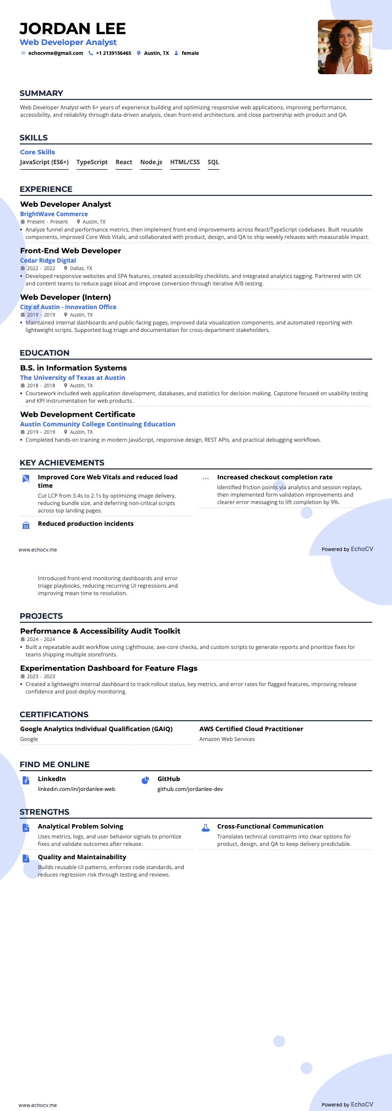 Web Developer Analyst example resume