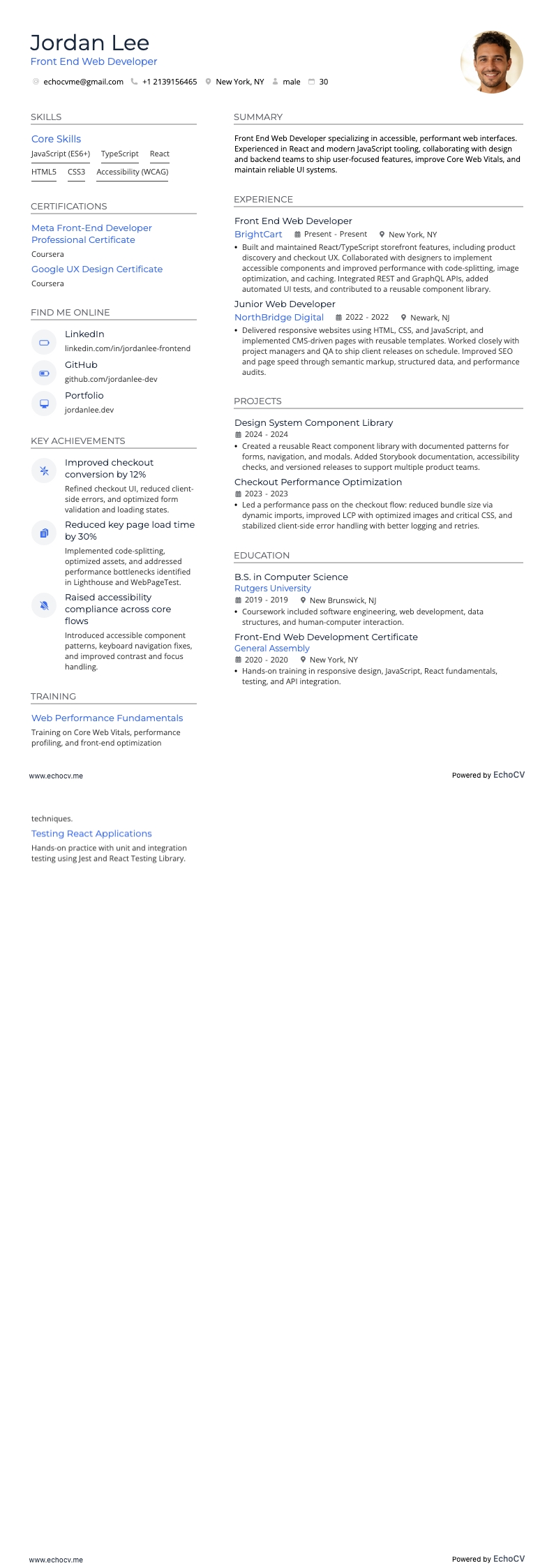 Front End Web Developer example resume
