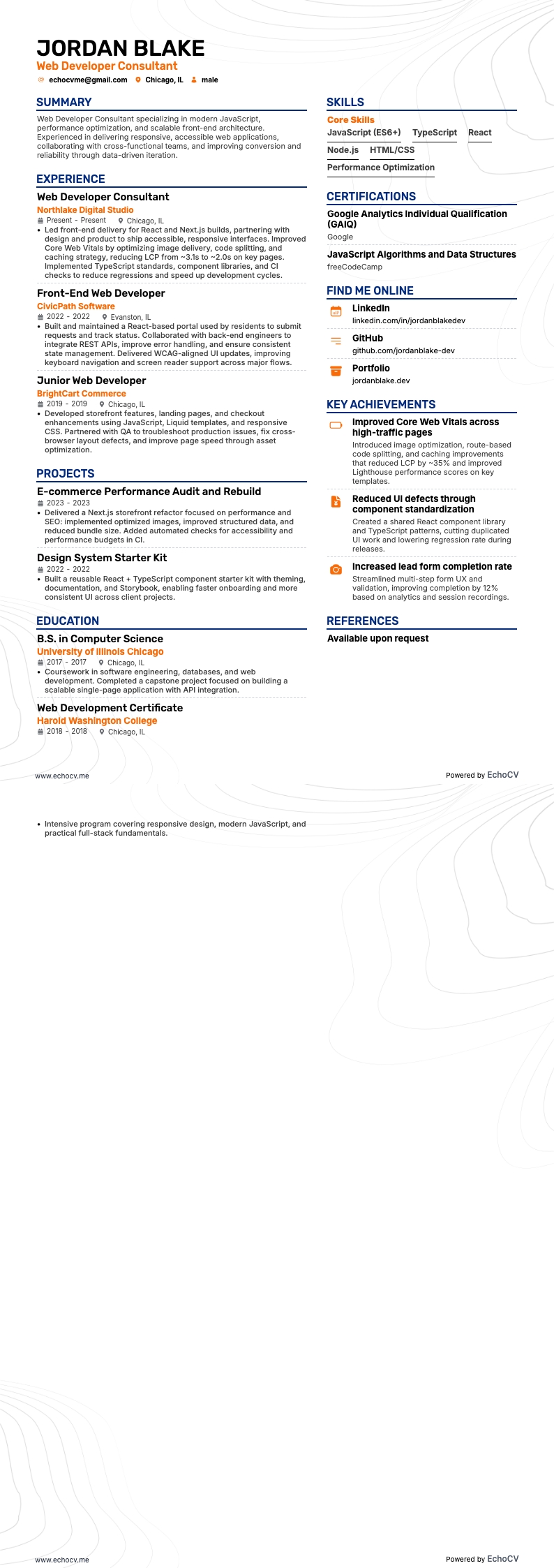 Web Developer Consultant example resume