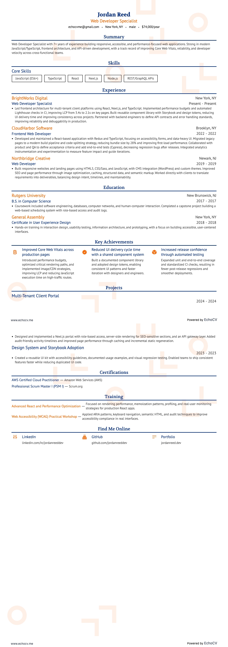 Web Developer Specialist example resume