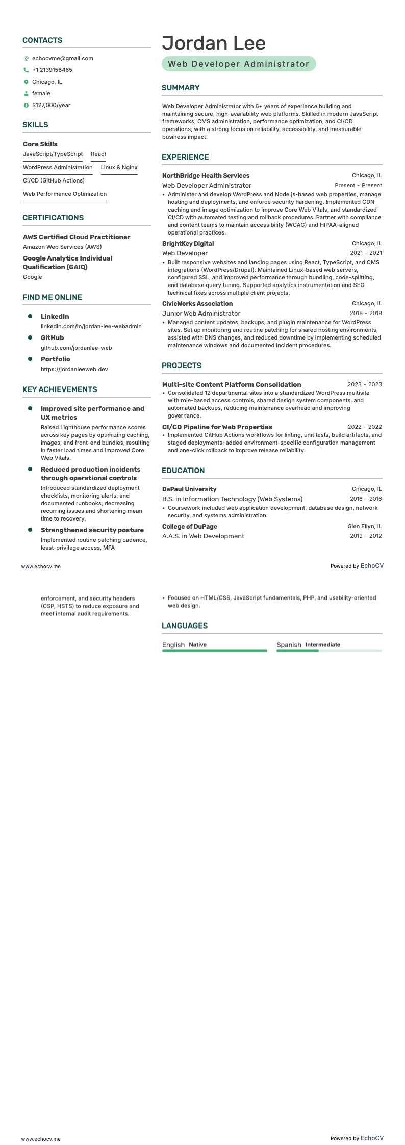 Web Developer Administrator example resume