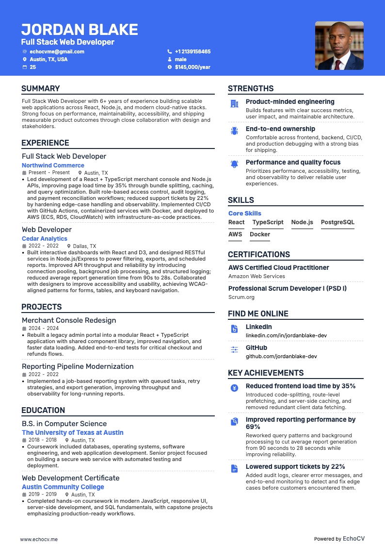 Full Stack Web Developer example resume