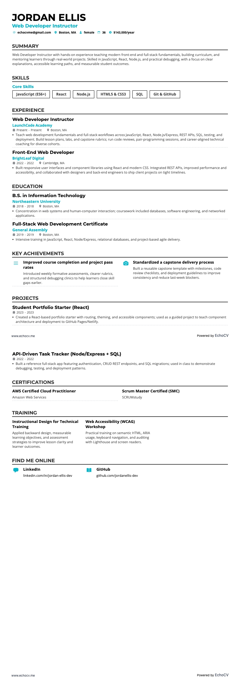 Web Developer Instructor example resume