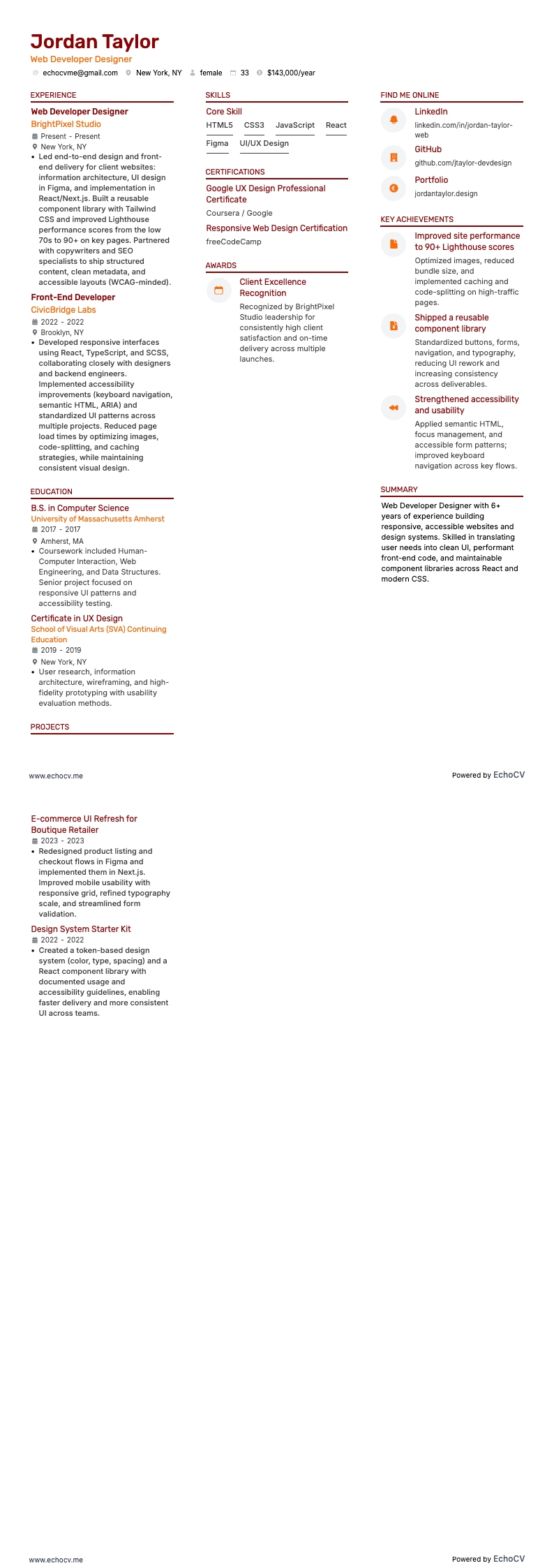 Web Developer Designer example resume