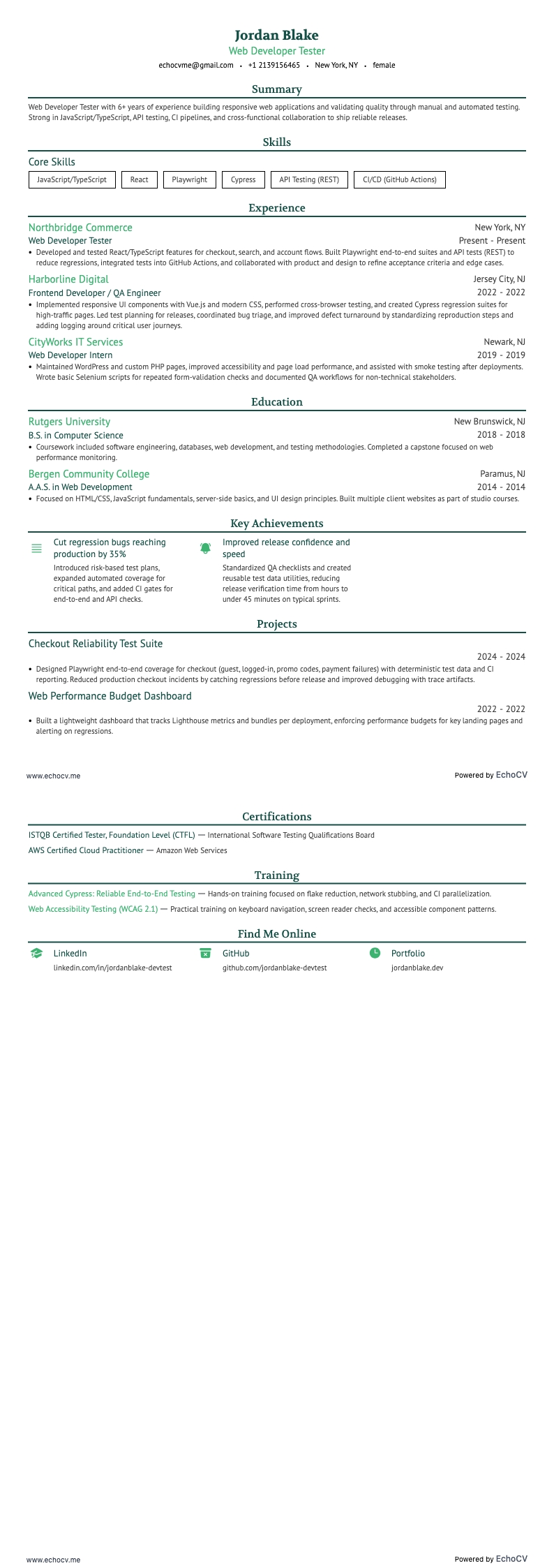 Web Developer Tester example resume