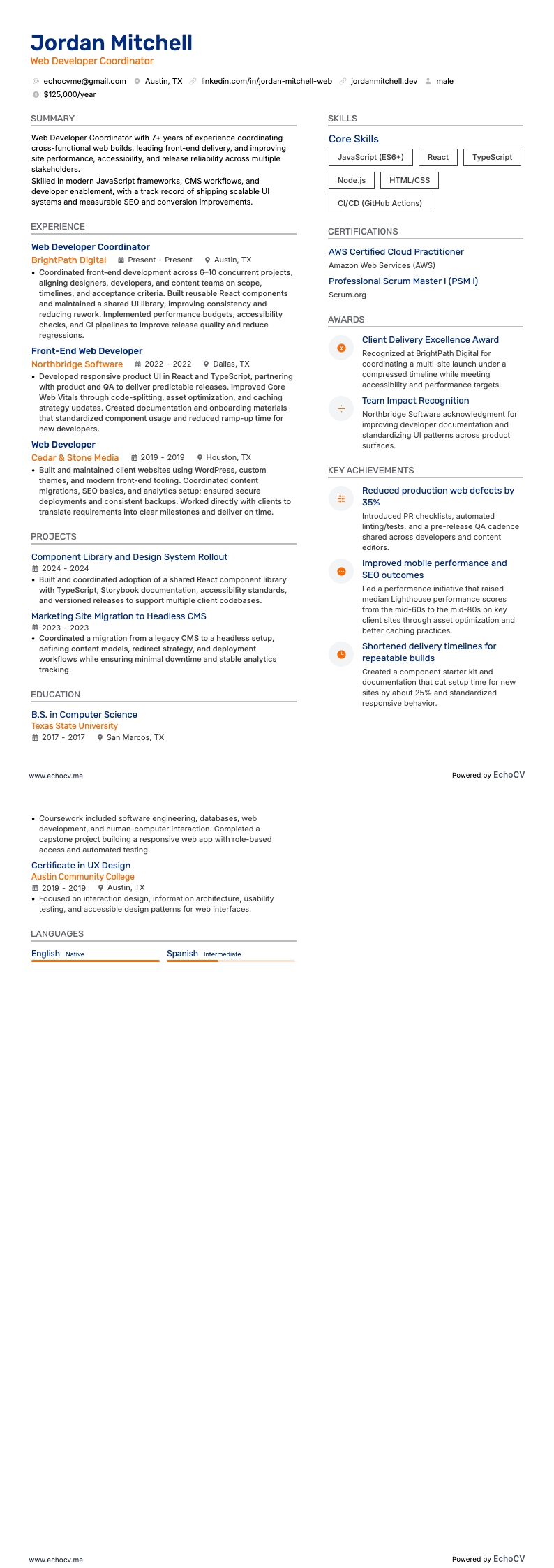 Web Developer Coordinator example resume