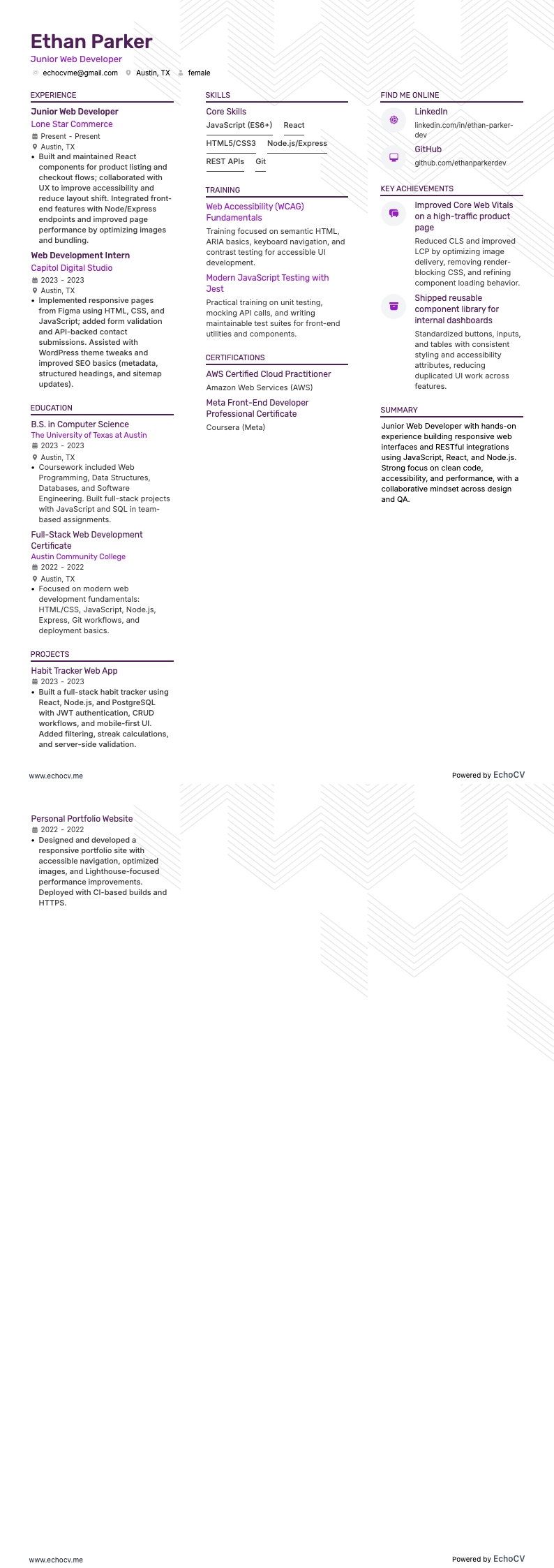 Junior Web Developer example resume