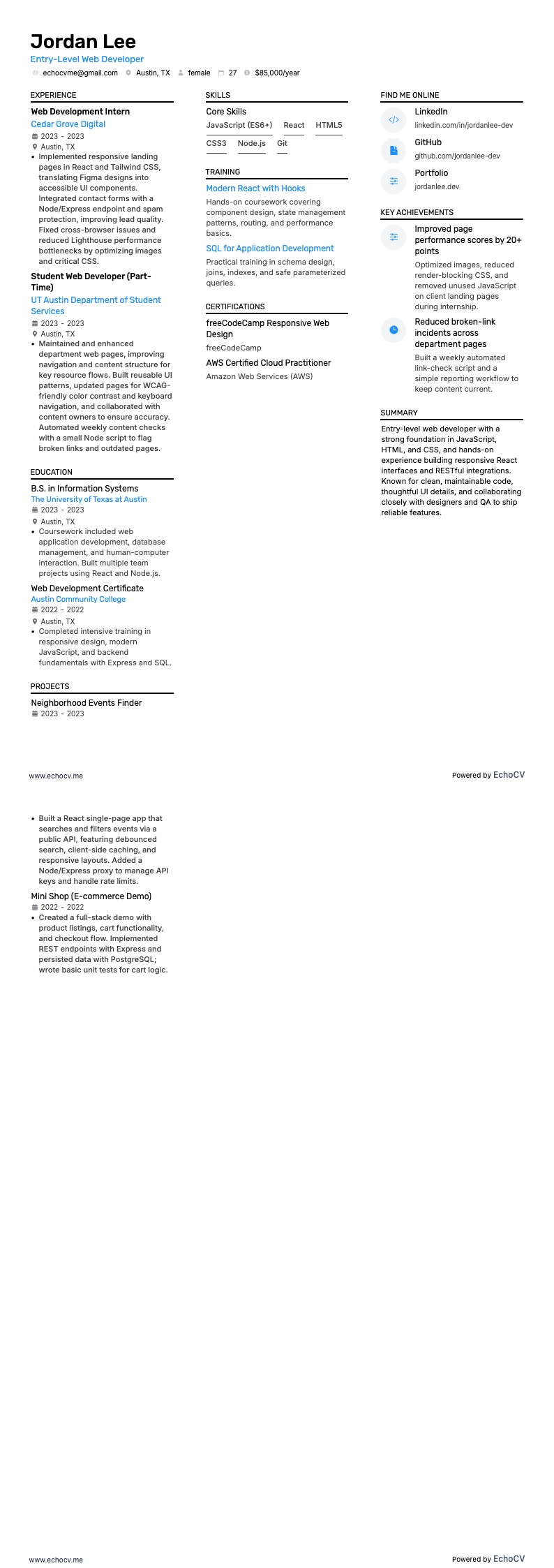 Entry-Level Web Developer example resume