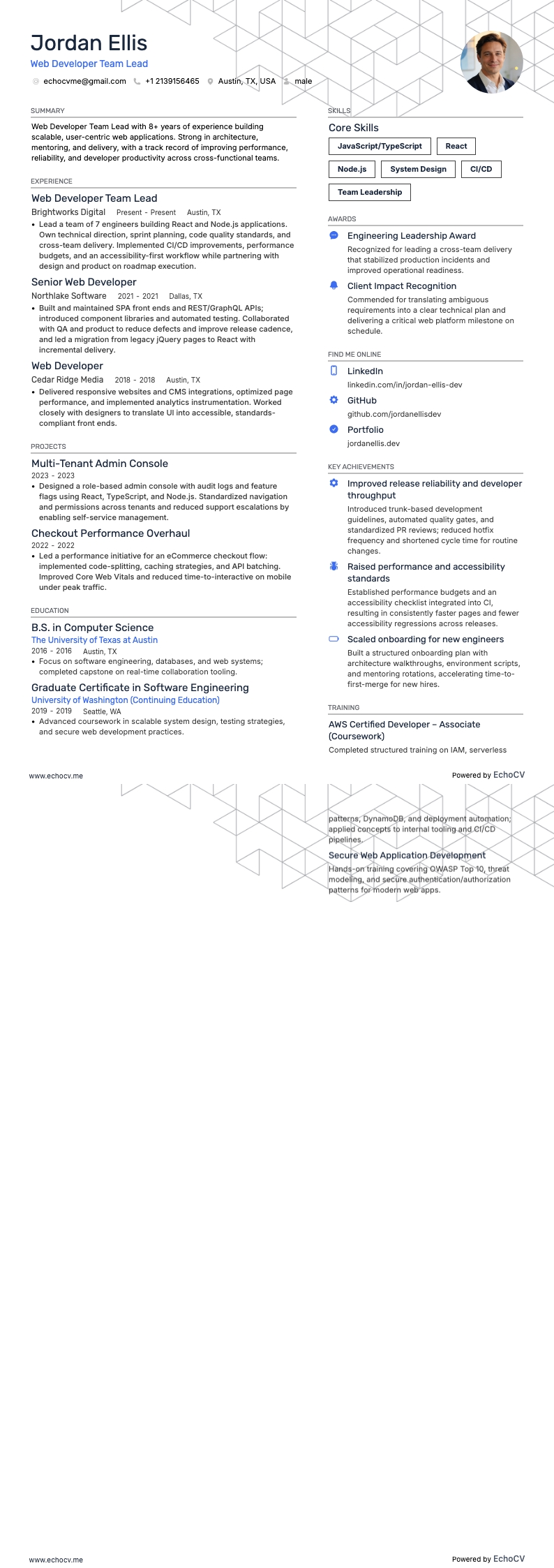 Web Developer Team Lead example resume