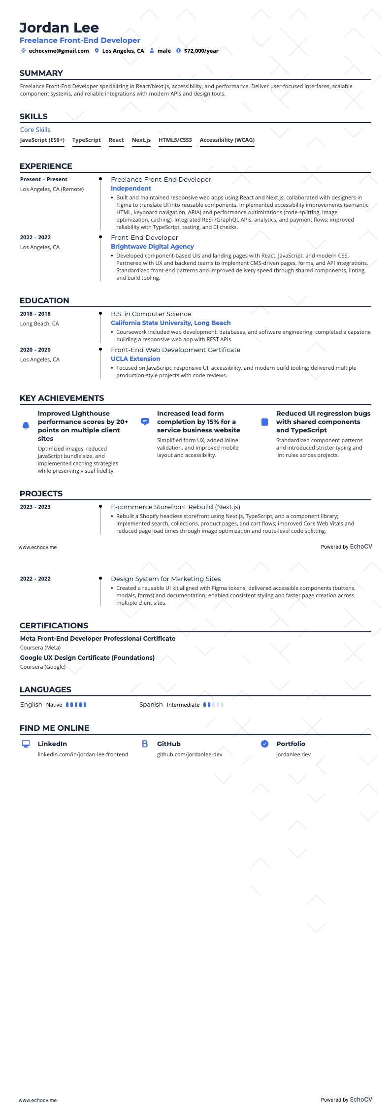 フリーランスのフロントエンド開発者 example resume