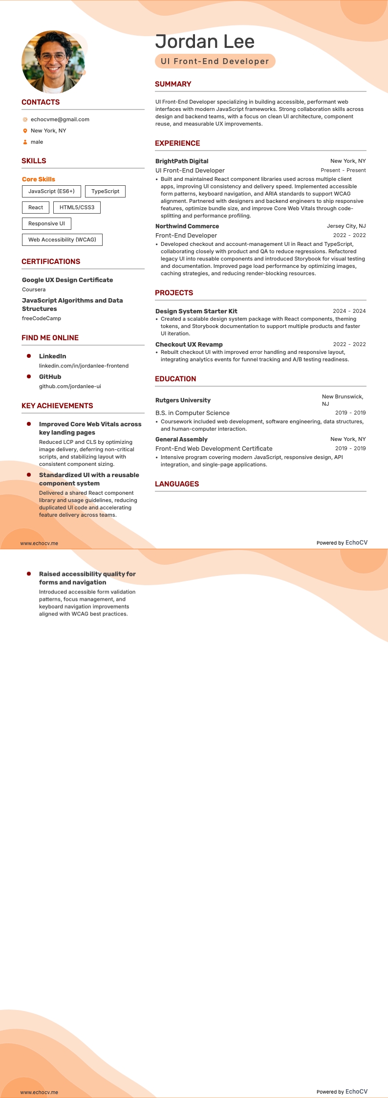 UIフロントエンド開発者 example resume