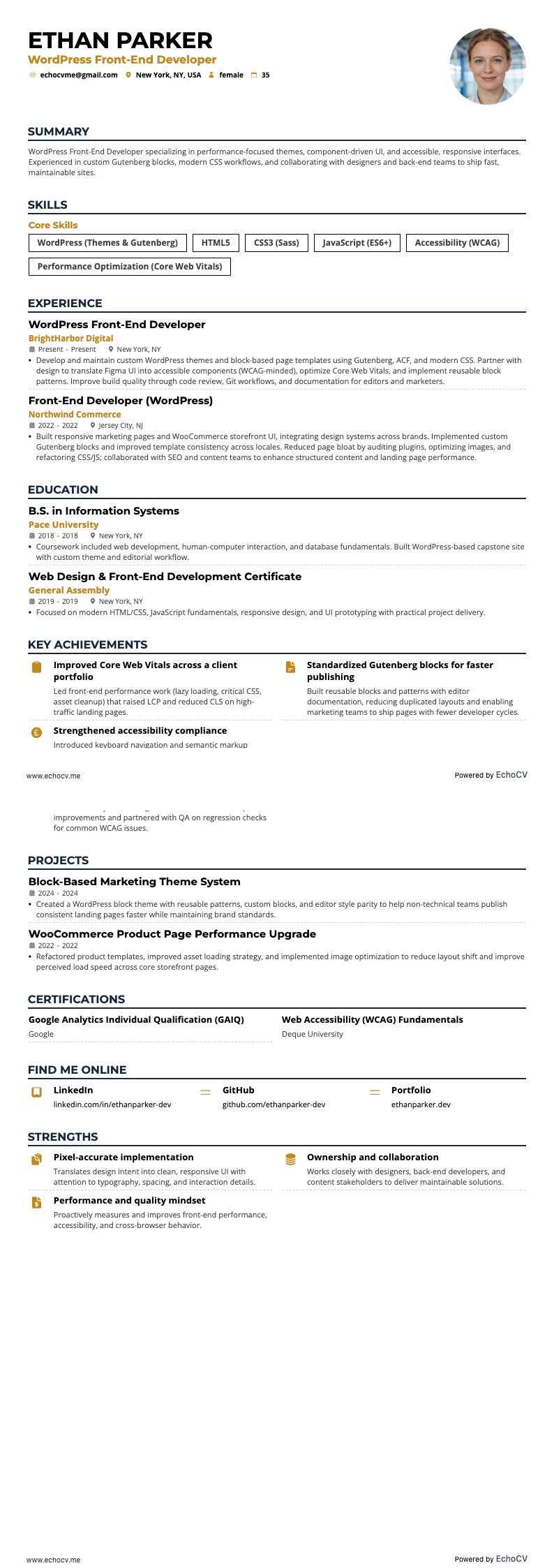 Wordpressフロントエンド開発者 example resume