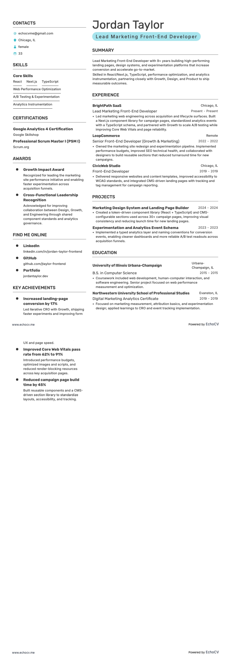 マーケティング担当リードフロントエンド開発者 example resume