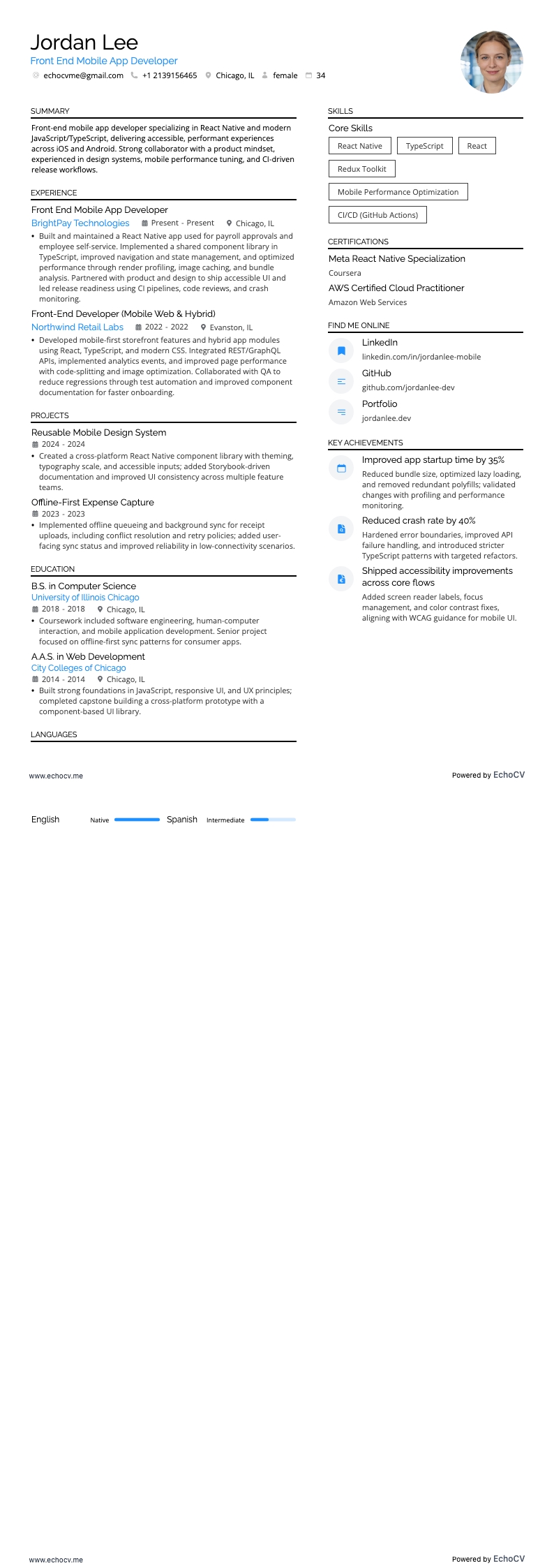 フロントエンドモバイルアプリ開発者 example resume
