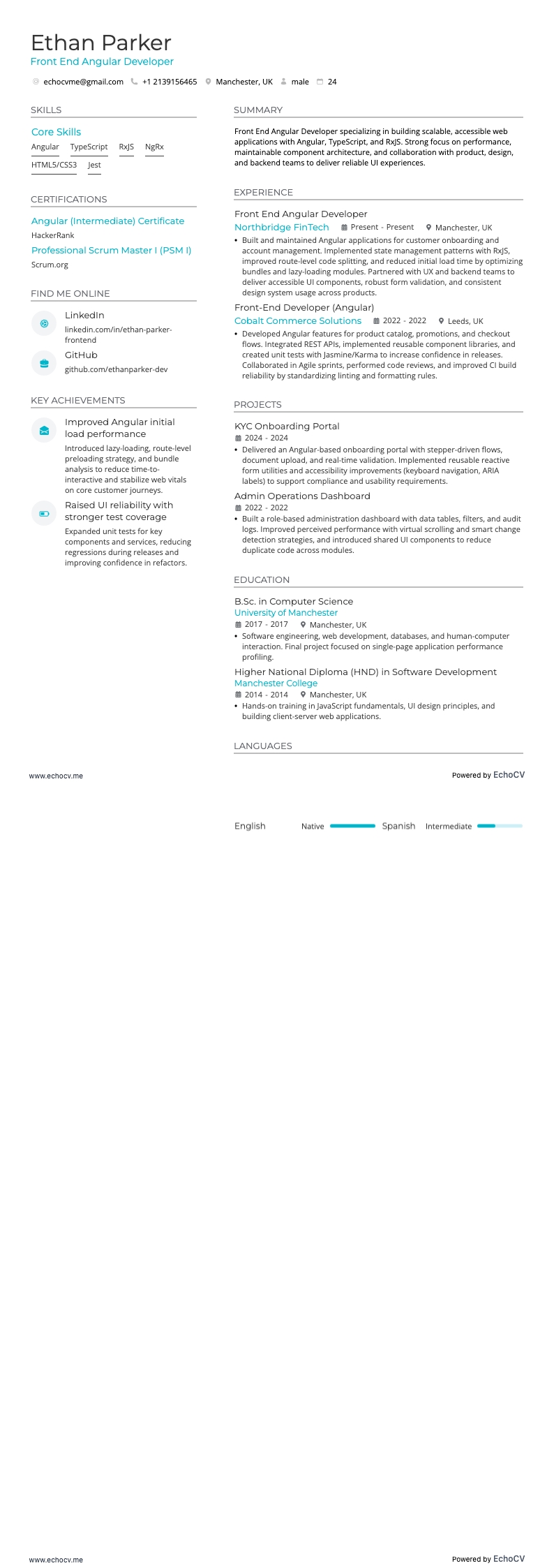 フロントエンドAngular開発者 example resume