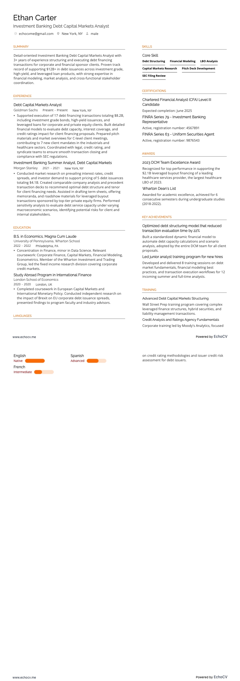 Analyst für Fremdkapitalmärkte im Investmentbanking example resume