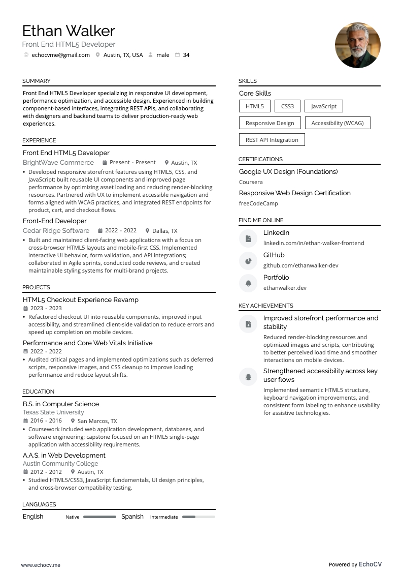 フロントエンドHTML5開発者 example resume