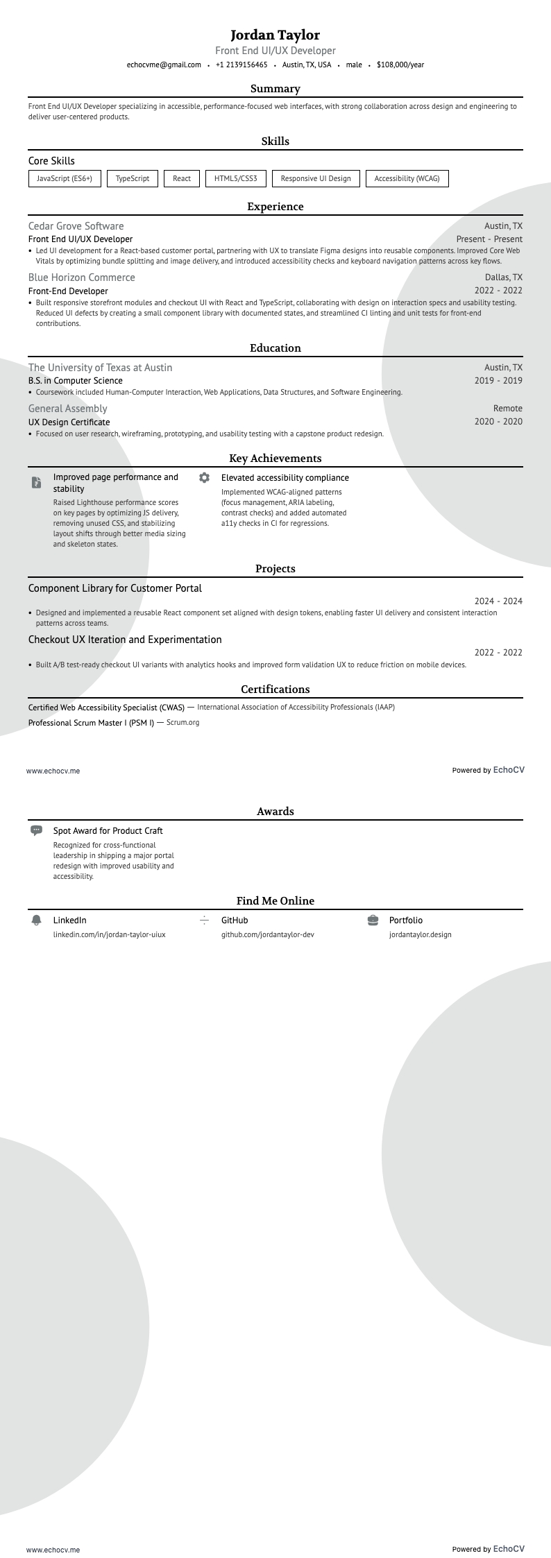 フロントエンドUI/UX開発者 example resume