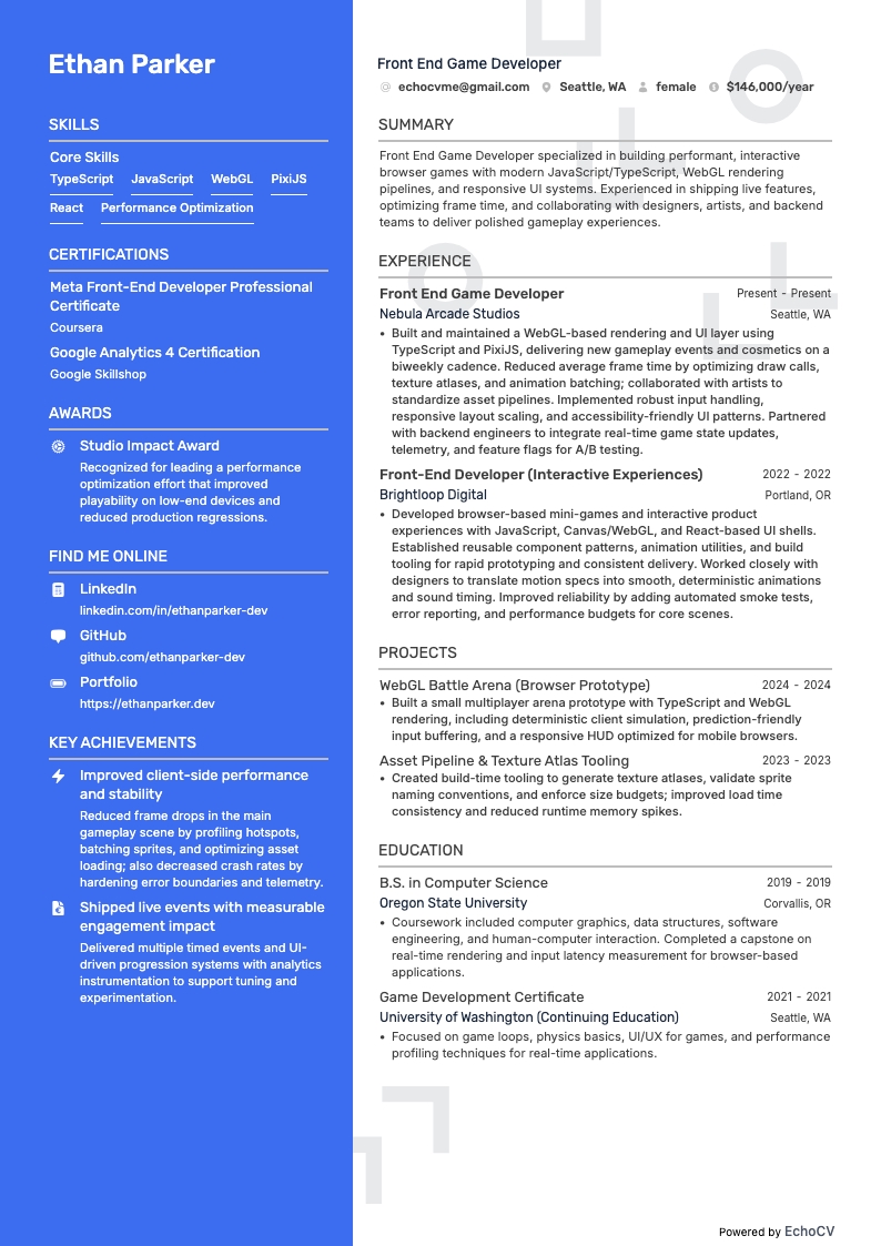 フロントエンドゲーム開発者 example resume