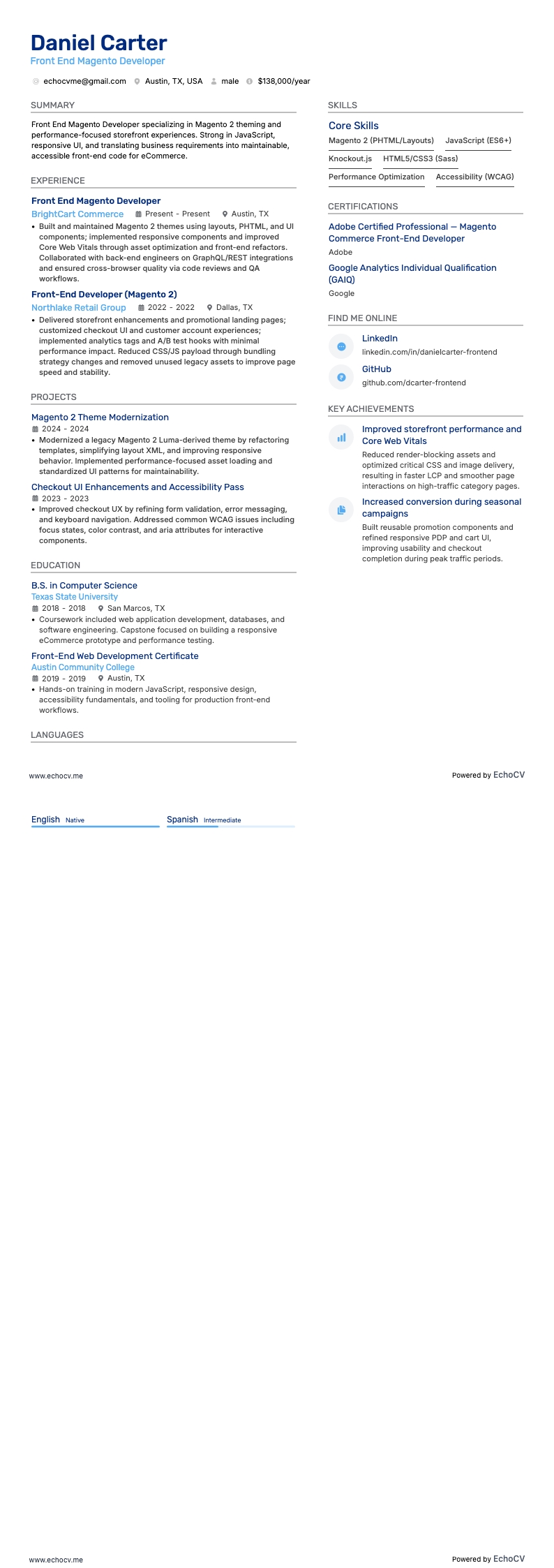 Magentoフロントエンド開発者 example resume