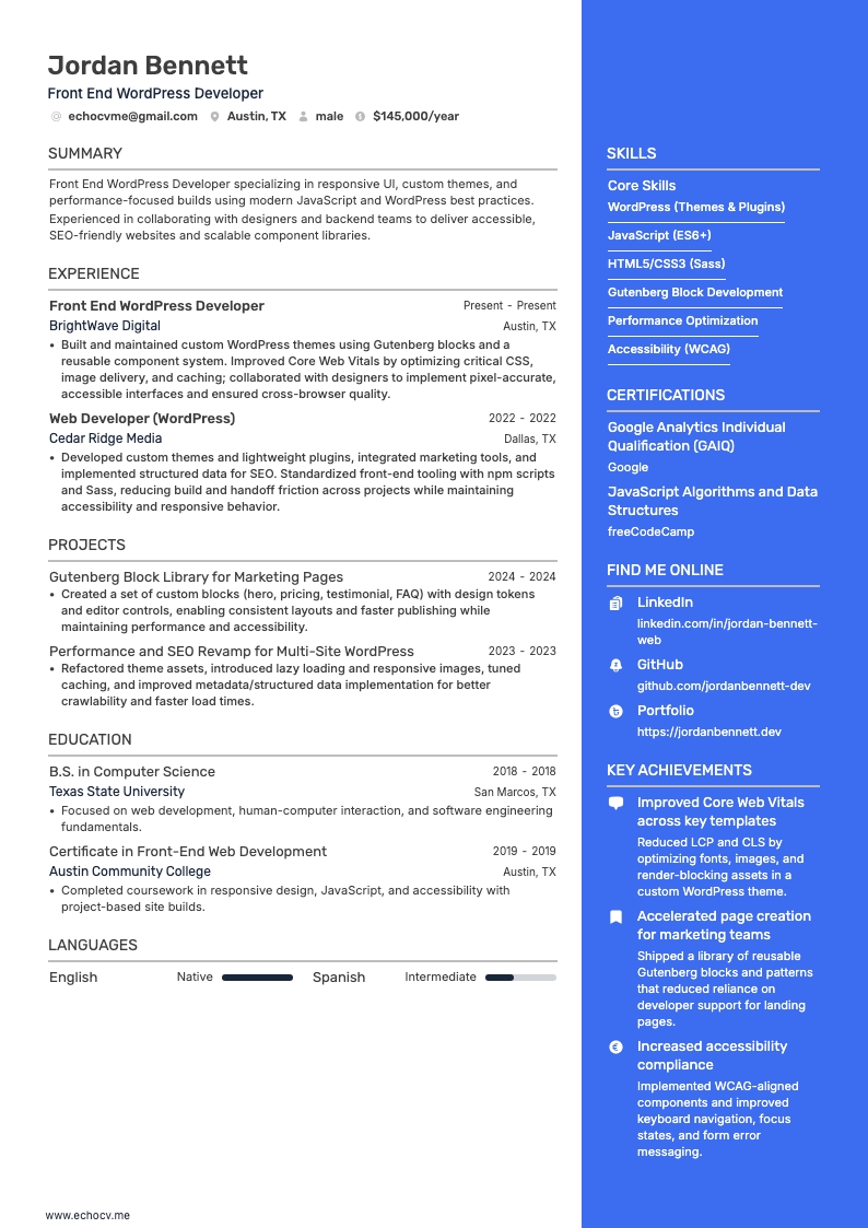 フロントエンドWordPress開発者 example resume