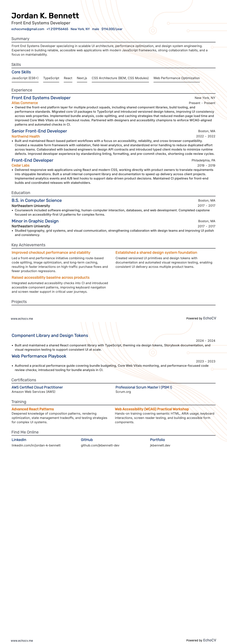 フロントエンドシステム開発者 example resume