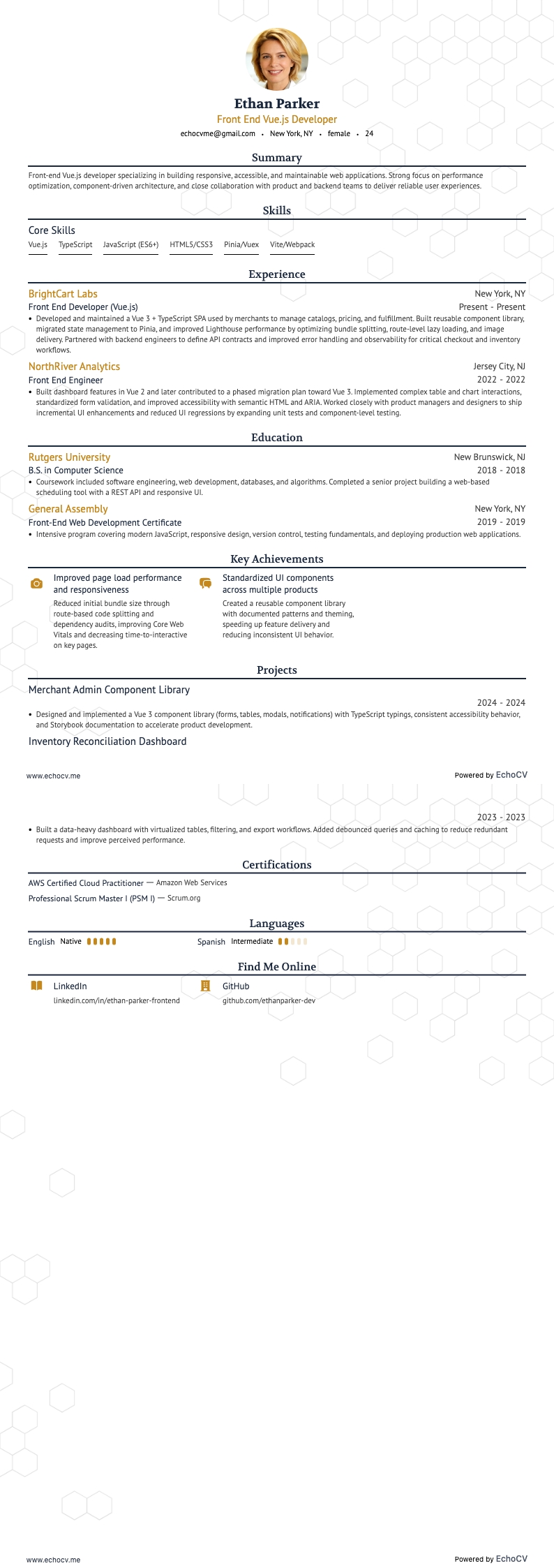 フロントエンドVue.js開発者 example resume